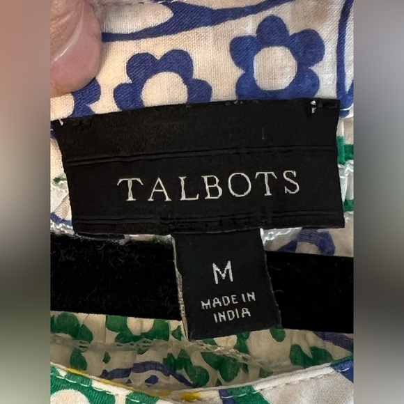 Talbots Womens Green Blue Paisley Blouse Medium Cottagecore Eyelet Summer Vibe - Picture 6 of 12